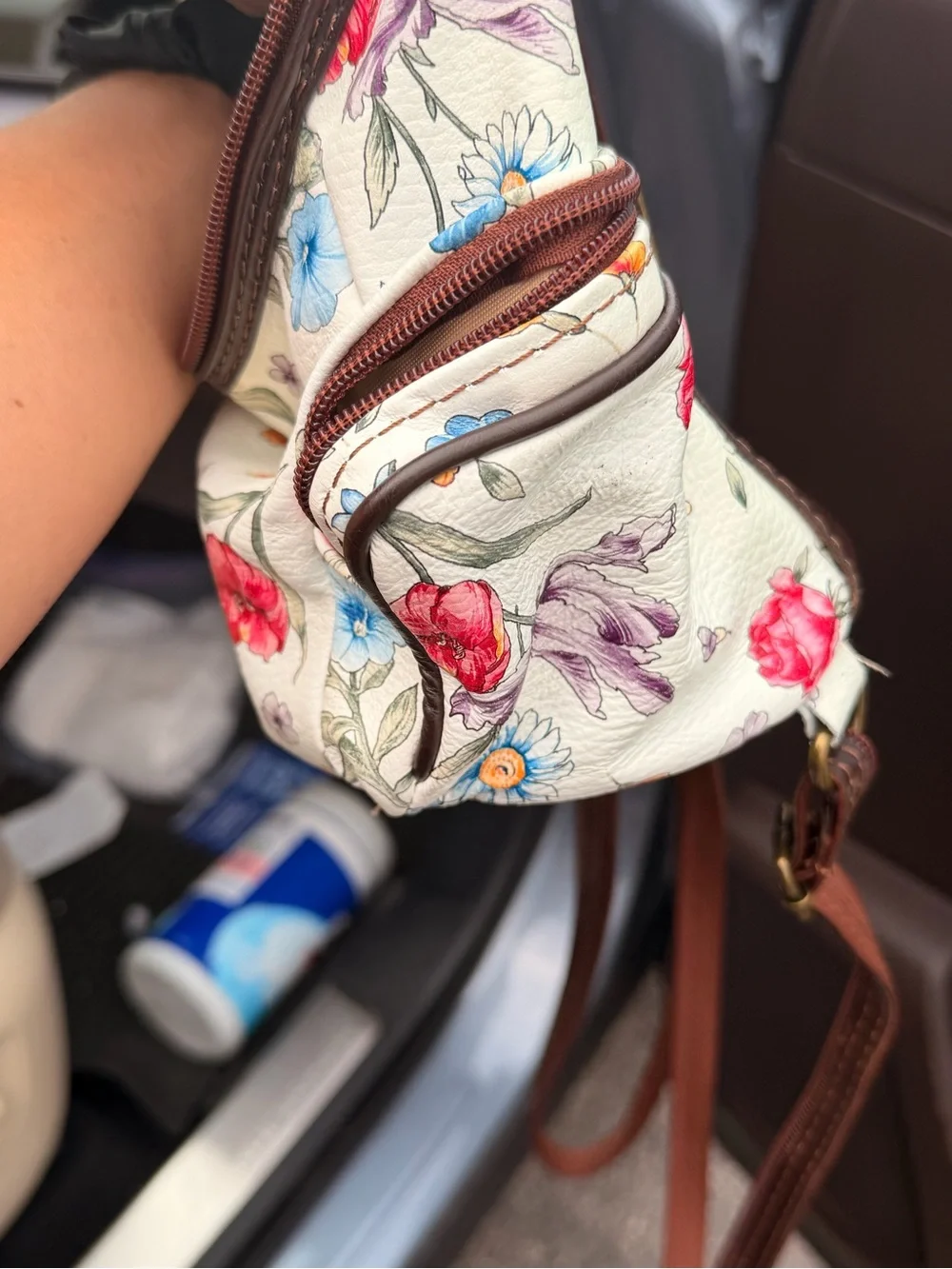 Floral Mini Backpack - White Floral with Brown Trim